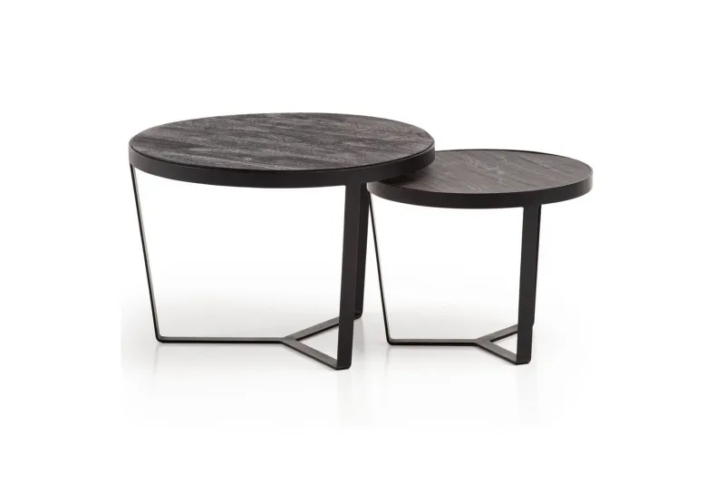 Satsbord Wohnling Set med 2 runda massivt trä och steneffekt, designad metallbas, lantlig stil Svart, svart - Svart, svart — Wohnling