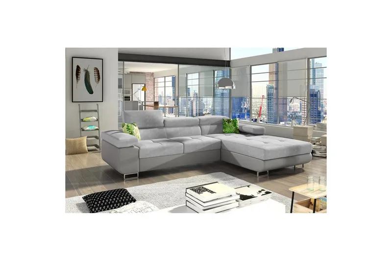 Sektionssoffa Eltap Armando 289x85x203 cm - Soro 83, Soft 29, Vit, Grå, Kuddar: Jungle 32, Grön, Höger — Soro 83, Soft 29, Vit, Grå, Kuddar: Jungle 32, Grön, Höger