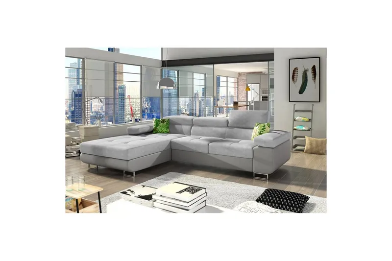 Sektionssoffa Eltap Armando 289x85x203 cm - Soro 83, Soft 29, Vit, Grå, Kuddar: Jungle 32, Grön, Vänster — Soro 83, Soft 29, Vit, Grå, Kuddar: Jungle 32, Grön, Vänster
