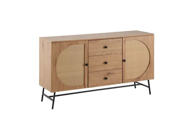 Sideboard Wohnling Folierad spånskiva ekoptik halvcirkel rottingväv look 2 dörrar 3 lådor modern — Wohnling