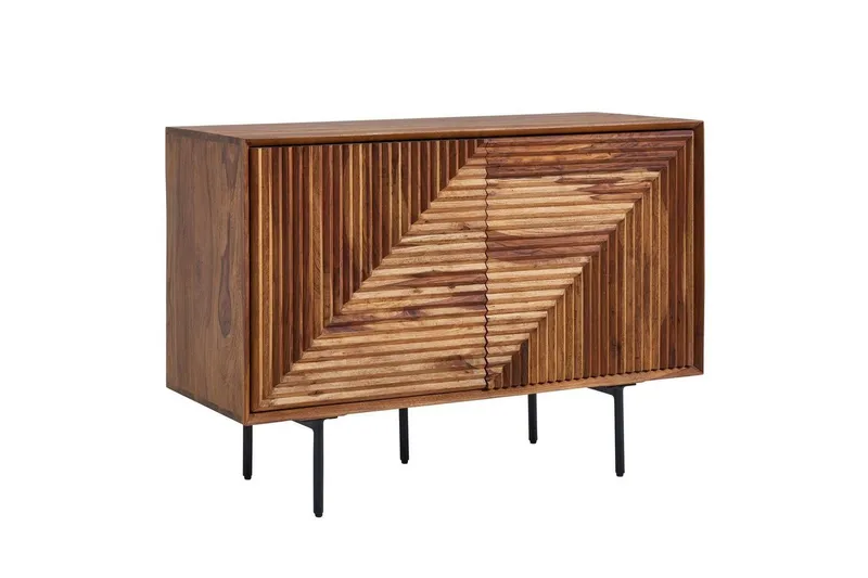 Sideboard Wohnling massivt trä, 3D geometrisk front, tryck-öppna, industriell loftstil 100 cm - 100 cm — Wohnling