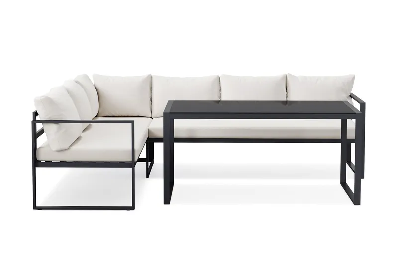 Silvia Loungegrupp i metall utomhus med soffbord med glasskiva och soffa med vita dynor - Svart — Comfort Garden