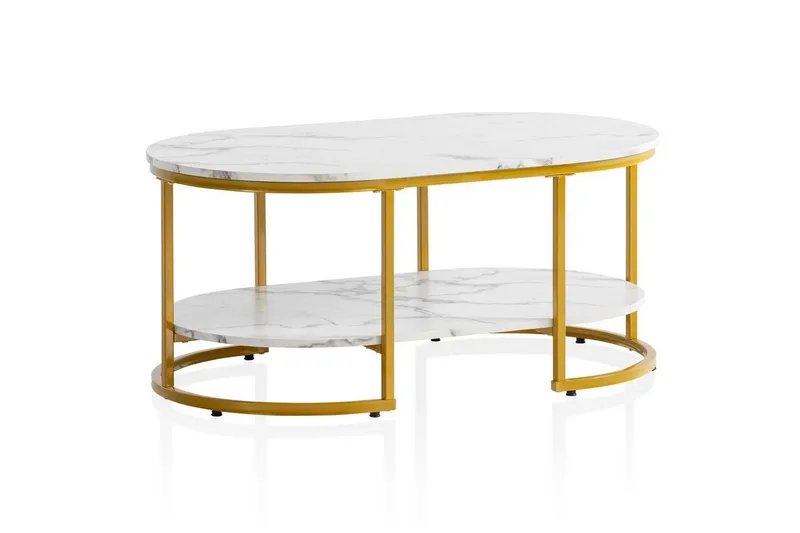 Soffbord Wohnling marmorutseende ovalt 100 cm med förvaringshylla, Bauhaus-stil Marmor Vit - Marmor Vit — Wohnling