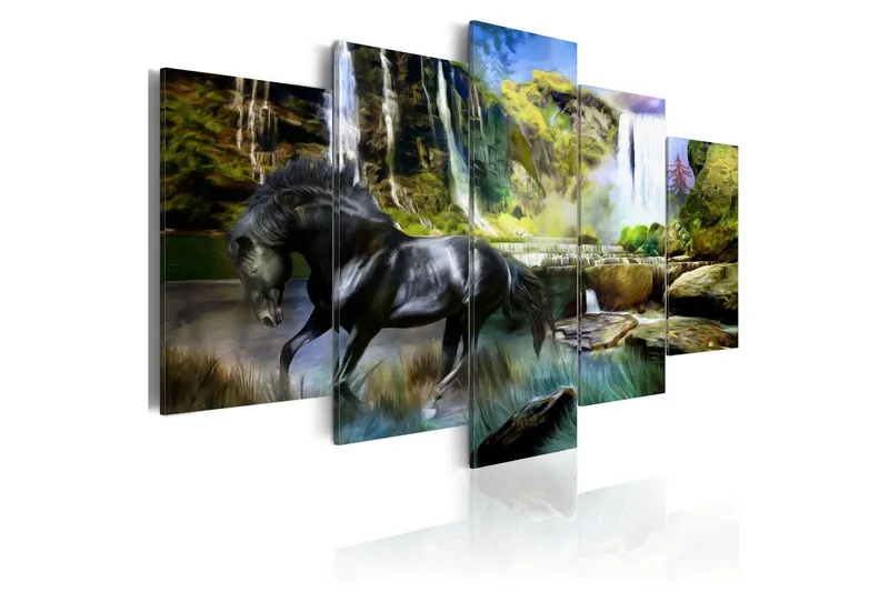 Tavla Black Horse Background Of Paradise Waterfall 100x50 - Artgeist sp. z o. o. — Artgeist sp. z o. o.