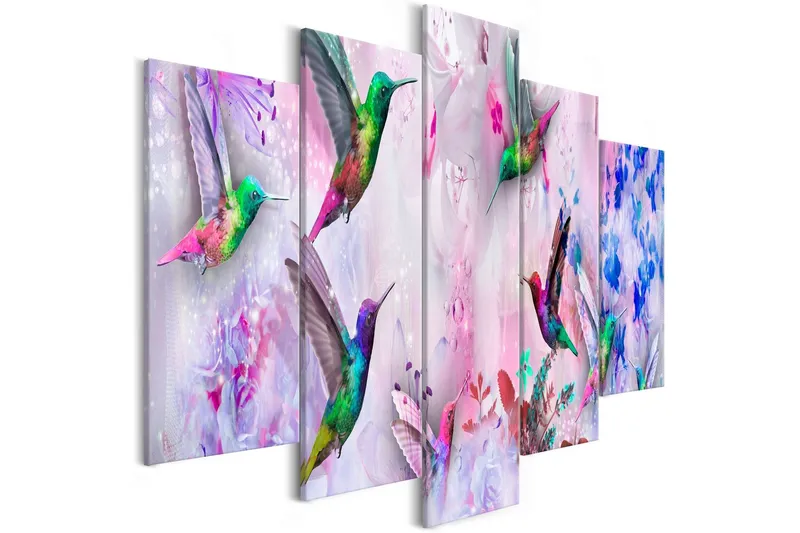 Tavla Colourful Hummingbirds 5 Parts Wide Violet 100x50 - Artgeist sp. z o. o. — Artgeist sp. z o. o.