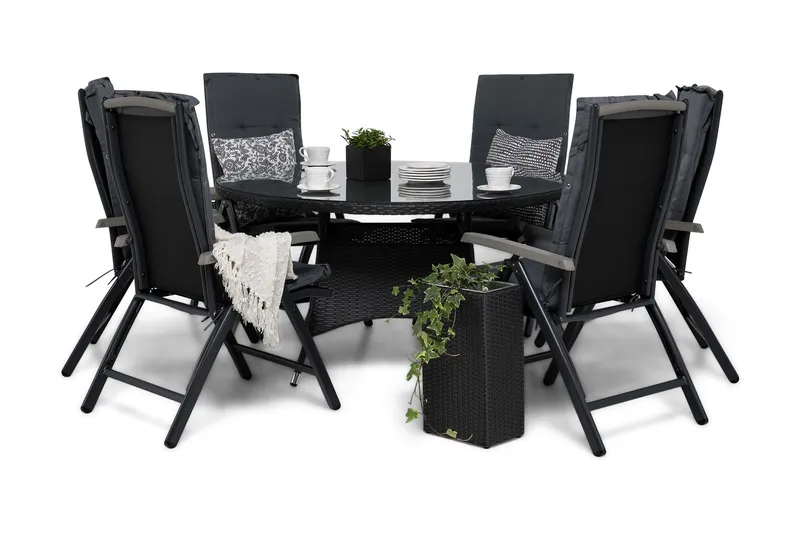 Thor Matgrupp Ø140 + 6 Monaco Lyx Positionsstol m Dyna - Svart/Svart/Grå — Comfort Garden