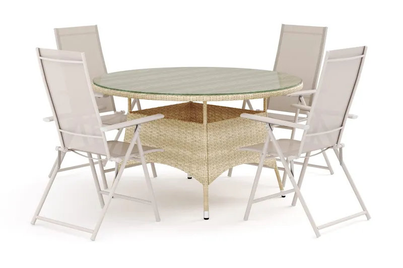 Thor utomhus rund matgrupp 140 cm med 4 Sanna positionsstolar - Beige — Comfort Garden
