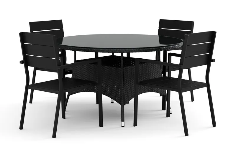 Thor utomhus rund matgrupp 140 cm med 4 Tunis stapelstolar - Svart — Comfort Garden