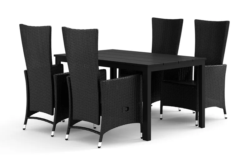 Tunis utomhus matgrupp 140x90 cm med 4 Jenny matstolar - Svart/Svart — Comfort Garden