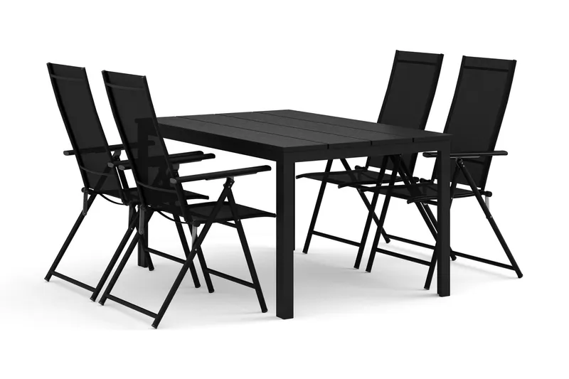 Tunis utomhus matgrupp 140x90 cm med 4 Sanna positionsstolar - Svart/Svart — Comfort Garden