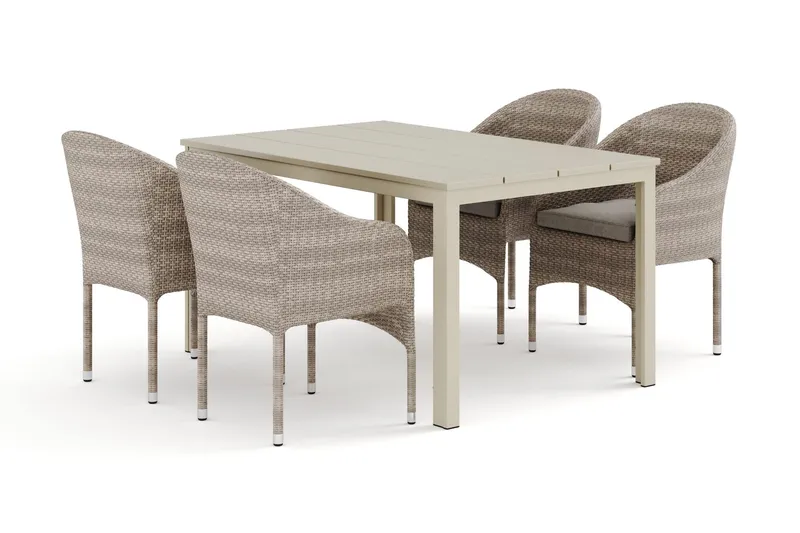 Tunis utomhus matgrupp 140x90 cm med 4 Thor fåtöljer - Beige/Beige — Comfort Garden