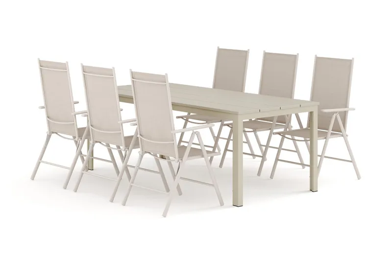 Tunis utomhus matgrupp 205x90 cm med 6 Maggie positionsstolar - Beige/Beige — Comfort Garden