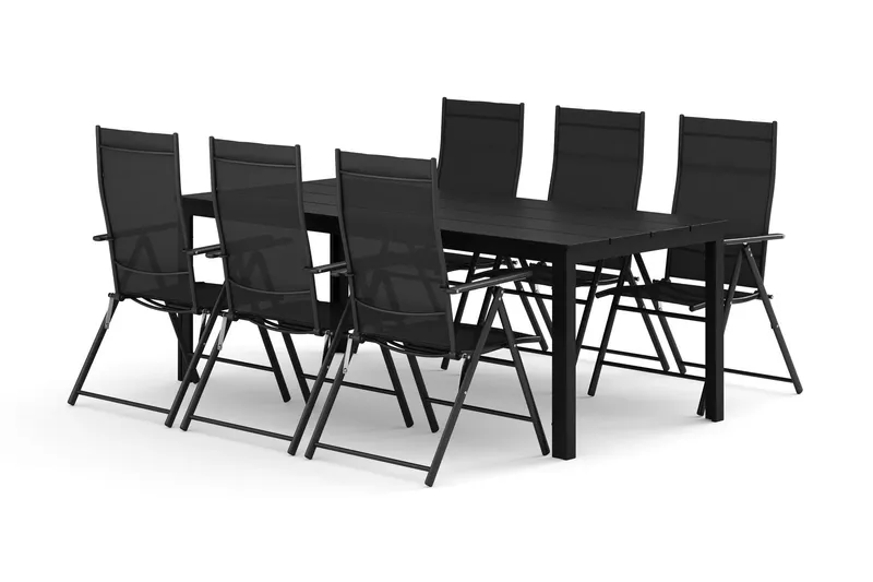 Tunis utomhus matgrupp 205x90 cm med 6 positionsstolar - Svart/Svart — Comfort Garden