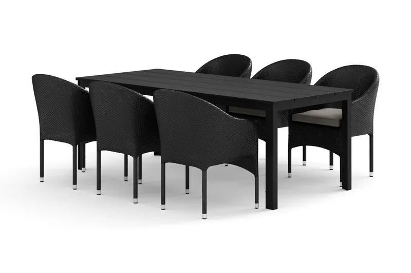Tunis utomhus matgrupp 205x90 cm med 6 Thor fåtöljer - Svart/Svart — Comfort Garden
