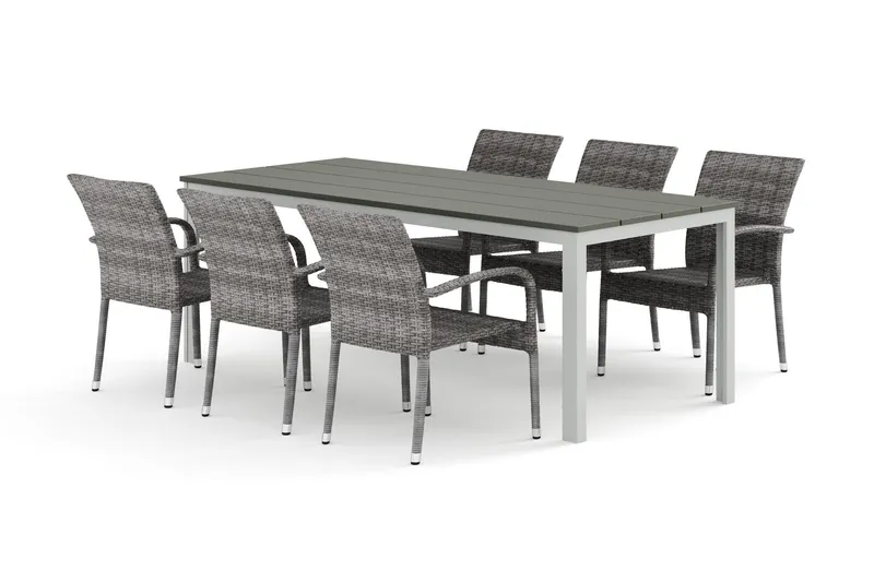 Tunis utomhus matgrupp 205x90 cm med 6 Thor Light utefåtöljer - Vit/Grå — Comfort Garden