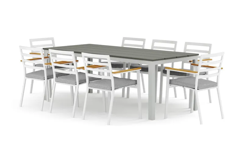 Tunis utomhus matgrupp 205x90 cm med 8 Oliver karmstolar med dyna - Vit/Grå — Comfort Garden