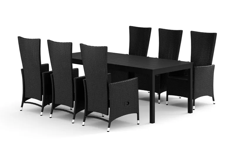 Tunis utomhus matgrupp förlängningsbart 205/305x90 cm med 6 Jenny matstolar - Svart/Svart — Comfort Garden