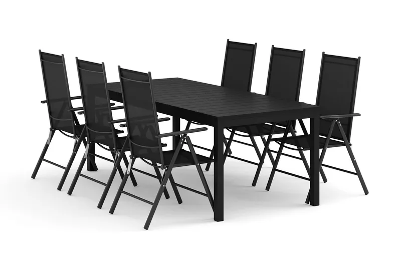 Tunis utomhus matgrupp förlängningsbart 205/305x90 cm med 6 Maggie positionsstolar - Svart/Svart — Comfort Garden