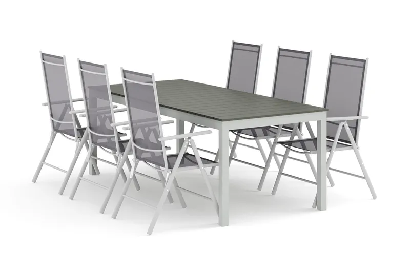 Tunis utomhus matgrupp förlängningsbart 205/305x90 cm med 6 Maggie positionsstolar - Vit/Grå — Comfort Garden