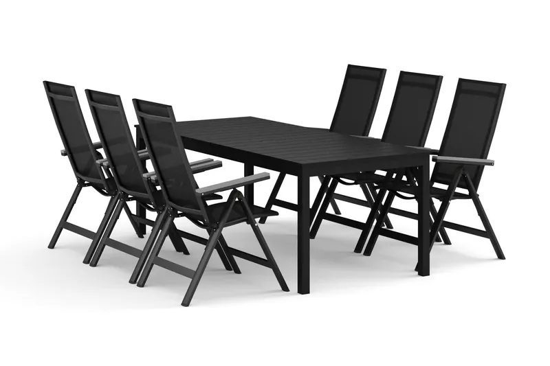 Tunis utomhus matgrupp förlängningsbart 205/305x90 cm med 6 Monaco Light positionsstolar - Svart/Svart — Comfort Garden