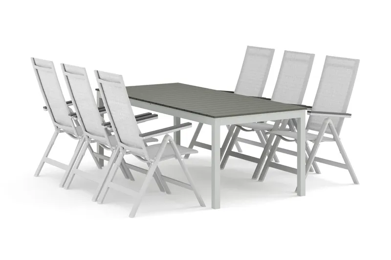 Tunis utomhus matgrupp förlängningsbart 205/305x90 cm med 6 Monaco Light positionsstolar - Vit/Grå — Comfort Garden
