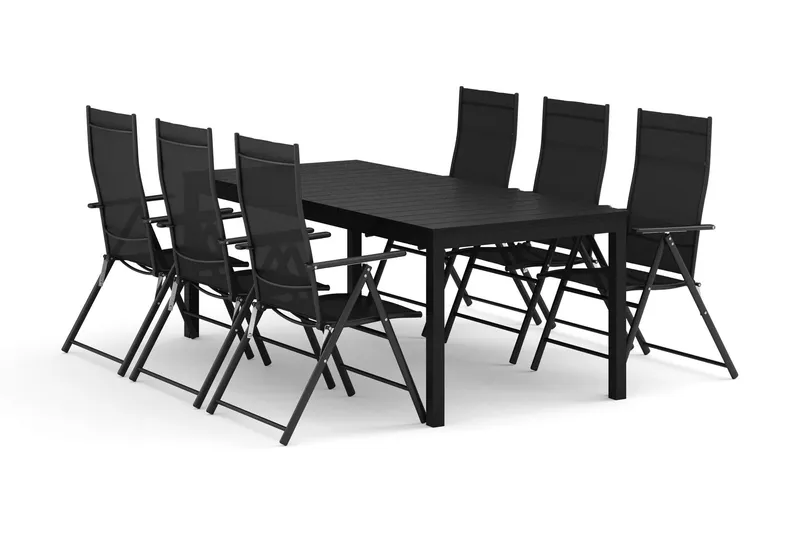 Tunis utomhus matgrupp förlängningsbart 205/305x90 cm med 6 positionsstolar - Svart/Svart — Comfort Garden