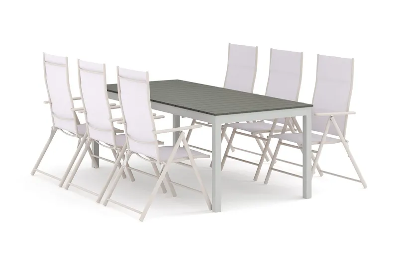 Tunis utomhus matgrupp förlängningsbart 205/305x90 cm med 6 positionsstolar - Vit/Grå — Comfort Garden
