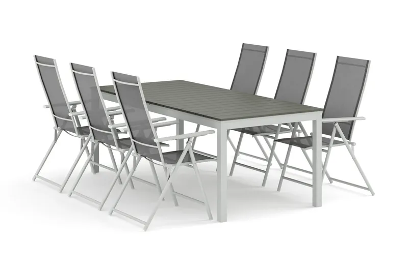 Tunis utomhus matgrupp förlängningsbart 205/305x90 cm med 6 Sanna positionsstolar - Vit/Grå — Comfort Garden