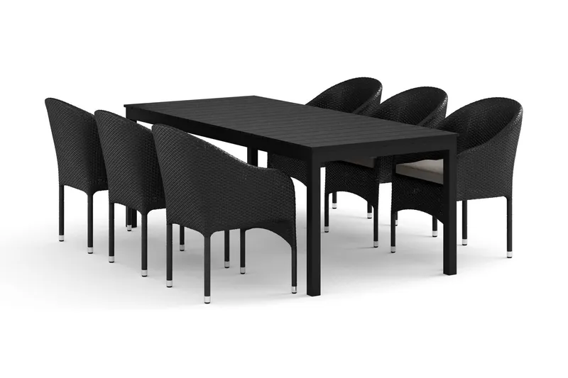 Tunis utomhus matgrupp förlängningsbart 205/305x90 cm med 6 Thor fåtöljer - Svart/Svart — Comfort Garden