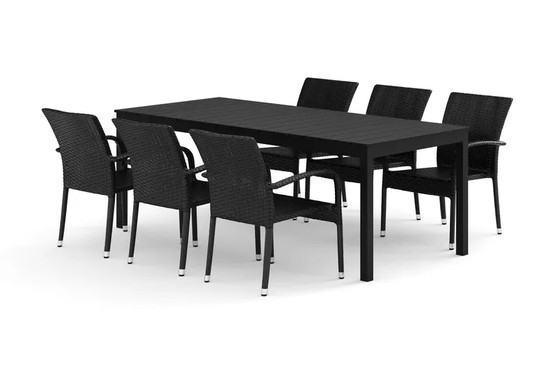 Tunis utomhus matgrupp förlängningsbart 205/305x90 cm med 6 Thor Light utefåtöljer - Svart/Svart — Comfort Garden