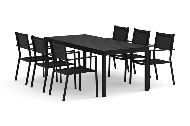 Tunis utomhus matgrupp förlängningsbart 205/305x90 cm med 6 Tunis stapelstolar - Svart/Svart (Art.nr 3118211) — Comfort Garden