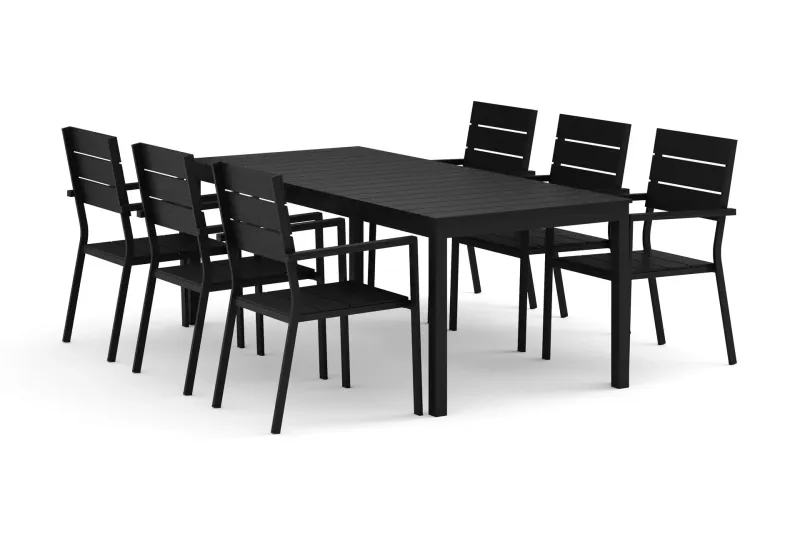 Tunis utomhus matgrupp förlängningsbart 205/305x90 cm med 6 Tunis stapelstolar - Svart/Svart (Art.nr 3117402) — Comfort Garden