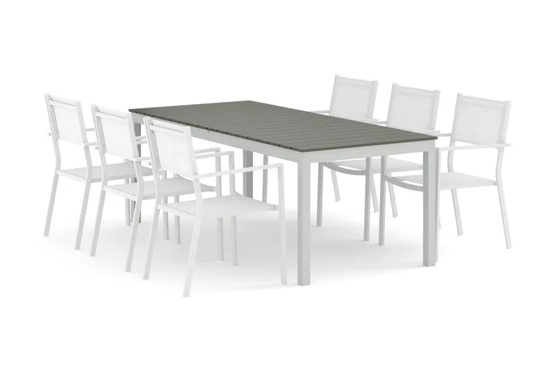 Tunis utomhus matgrupp förlängningsbart 205/305x90 cm med 6 Tunis stapelstolar - Vit/Grå — Comfort Garden