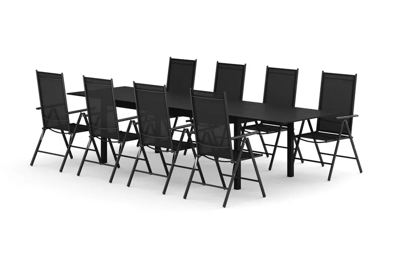 Tunis utomhus matgrupp förlängningsbart 205/305x90 cm med 8 Maggie positionsstolar - Svart/Svart — Comfort Garden