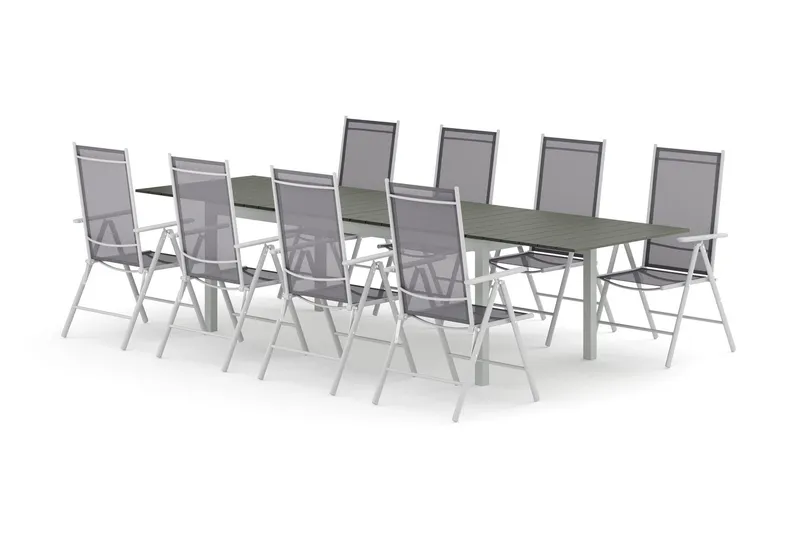 Tunis utomhus matgrupp förlängningsbart 205/305x90 cm med 8 Maggie positionsstolar - Vit/Grå — Comfort Garden