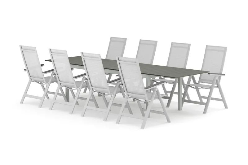 Tunis utomhus matgrupp förlängningsbart 205/305x90 cm med 8 Monaco Light positionsstolar - Vit/Grå — Comfort Garden