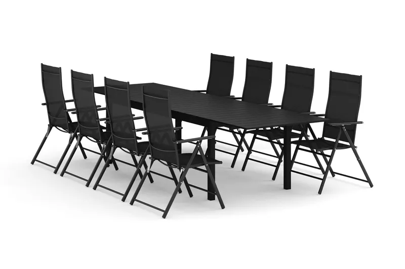 Tunis utomhus matgrupp förlängningsbart 205/305x90 cm med 8 positionsstolar - Svart/Svart — Comfort Garden
