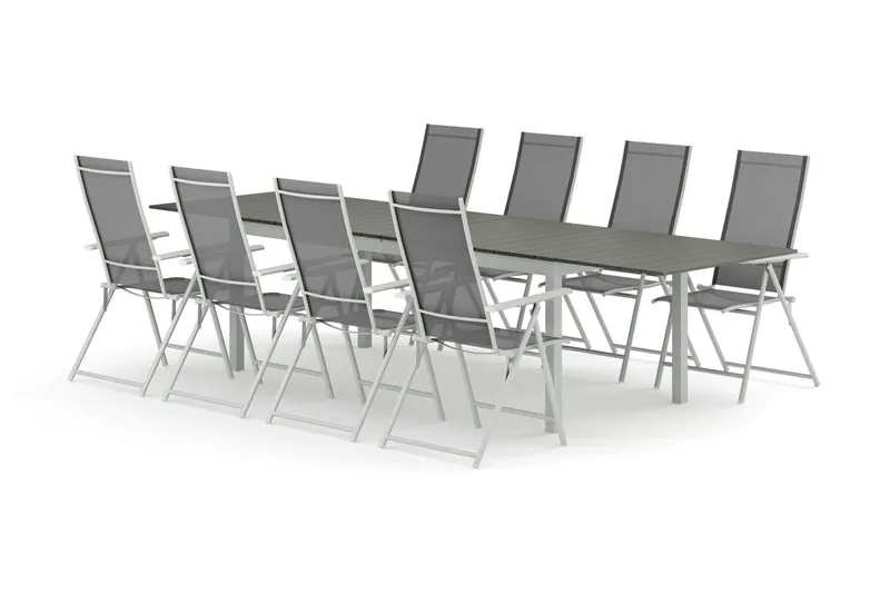 Tunis utomhus matgrupp förlängningsbart 205/305x90 cm med 8 Sanna positionsstolar - Vit/Grå — Comfort Garden