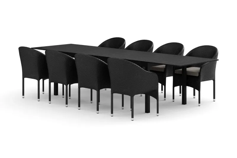 Tunis utomhus matgrupp förlängningsbart 205/305x90 cm med 8 Thor fåtöljer - Svart/Svart — Comfort Garden
