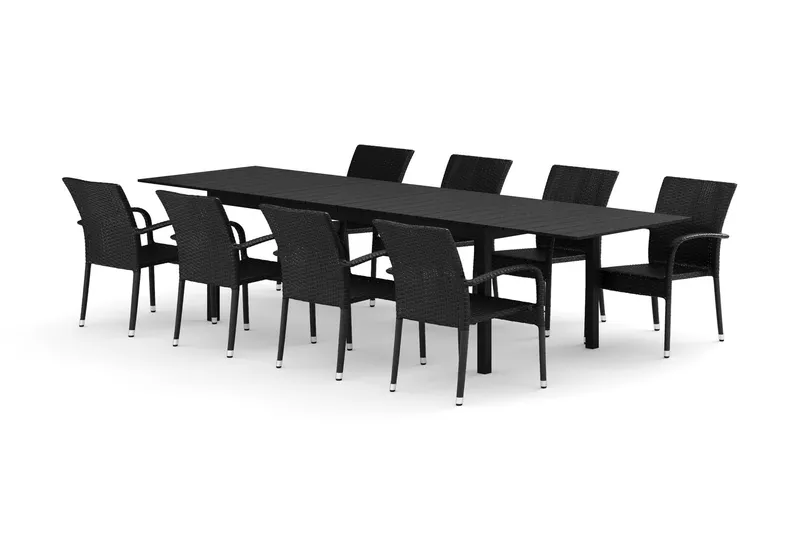 Tunis utomhus matgrupp förlängningsbart 205/305x90 cm med 8 Thor Light utefåtöljer - Svart/Svart — Comfort Garden