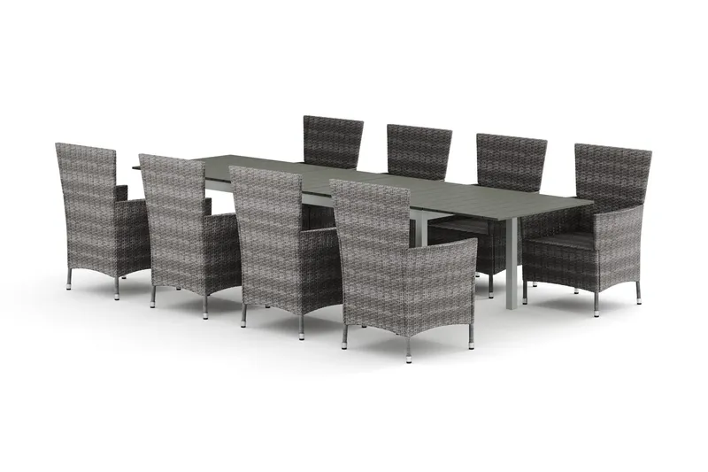 Tunis utomhus matgrupp förlängningsbart 205/305x90 cm med 8 Thor utefåtöljer - Vit/Grå — Comfort Garden