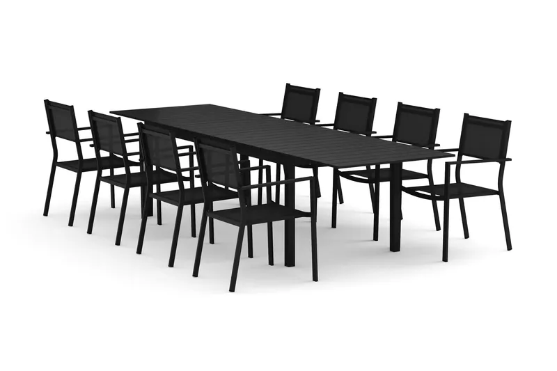 Tunis utomhus matgrupp förlängningsbart 205/305x90 cm med 8 Tunis stapelstolar - Svart/Svart (Art.nr 3118205) — Comfort Garden