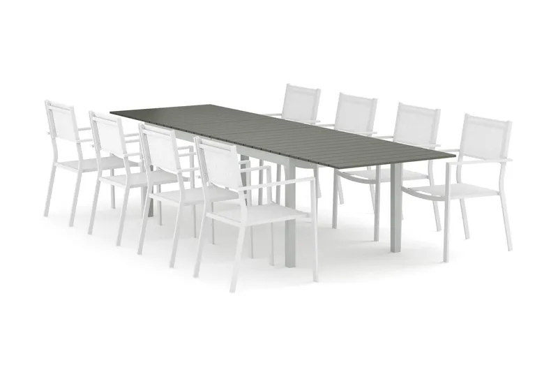 Tunis utomhus matgrupp förlängningsbart 205/305x90 cm med 8 Tunis stapelstolar - Vit/Grå — Comfort Garden