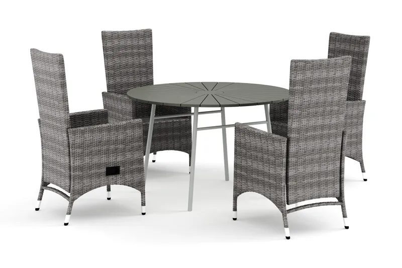 Tunis utomhus rund matgrupp 120 cm med 4 Jenny matstolar - Vit/Grå — Comfort Garden