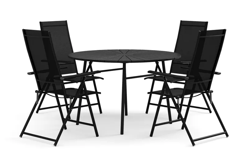 Tunis utomhus rund matgrupp 120 cm med 4 Sanna positionsstolar - Svart/Svart — Comfort Garden