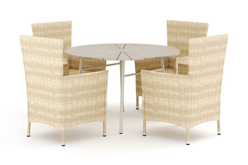 Tunis utomhus rund matgrupp 120 cm med 4 Thor utefåtöljer - Beige/Beige — Comfort Garden