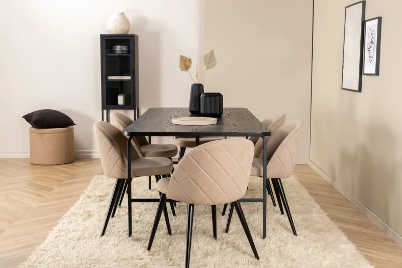 Uno Matgrupp 200 cm Rektangulär med 6 Velvet stolar - Beige — Venture Home