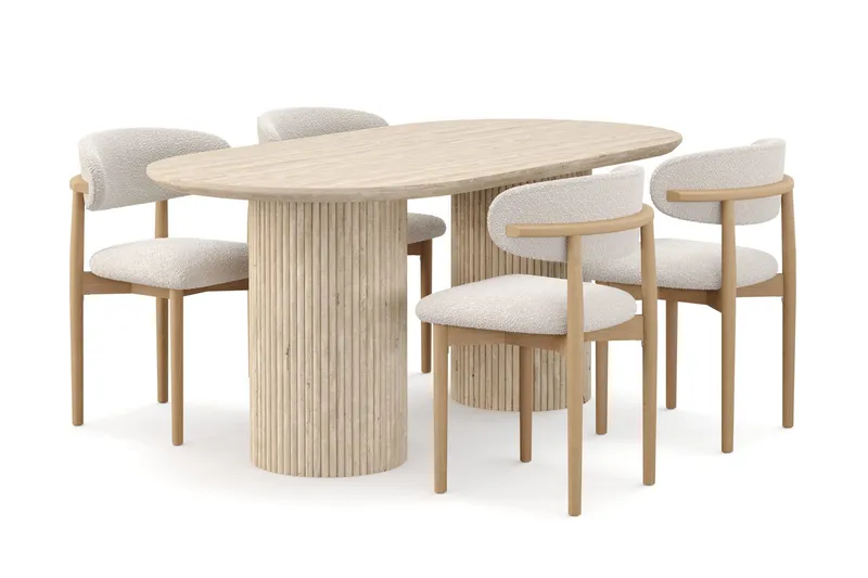 Uppveda Matbord Travetin utseende med 4 st Jaiveer Matstolar - Beige (Art.nr 3077811) — Andrarum