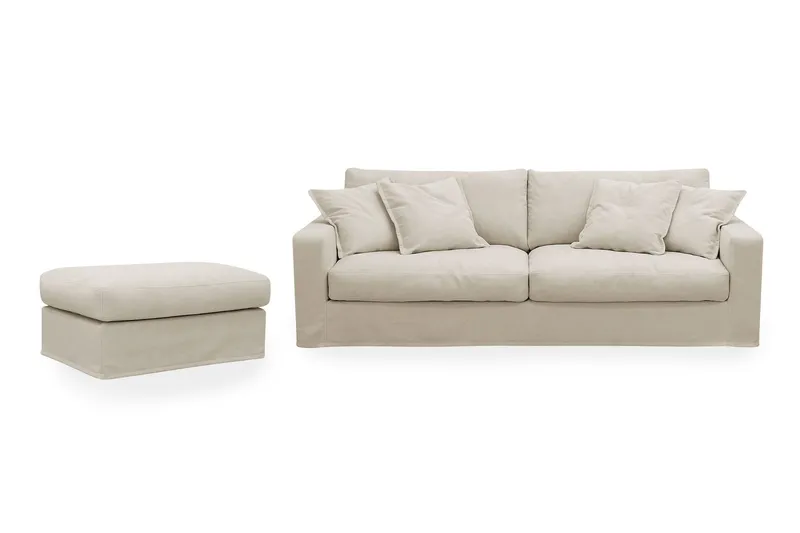 Valencia Extra Djup 3-sits soffa + fotpall med avtagbar och tvättbar klädsel - Beige (Art.nr 3427983) — Scandinavian Choice
