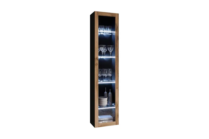 Veria Smalt Vitrinskåp Blå LED Belysning 30 cm djup 40 cm bred 180 cm hög Mörkt Trä Glas - Natur/Svart — Natur/Svart